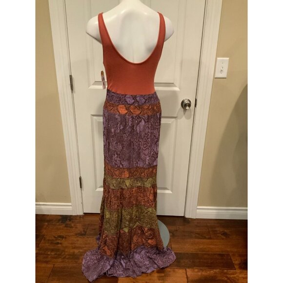by Anthropologie Colima Maxi Dress Orange, Purple & Green Snakeskin, Size Small - Picture 5 of 9